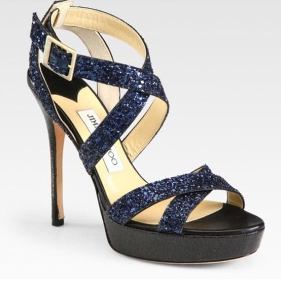 Jimmy Choo Vamp Navy Blue Glitter Sandals 36.5 /‎ 6.5 Platform Heel Criss Cross - Picture 1 of 12